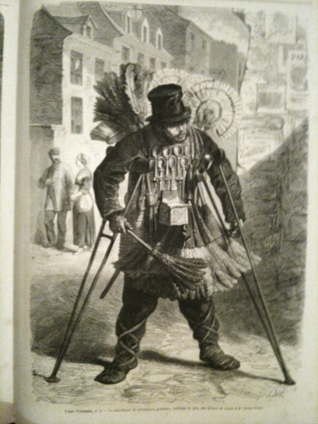 Type parisien : Le marchand de plumeaux, gobelets, cuillères à pot, etc. vu par Gustave Janet et Charles Yriarte (1862).