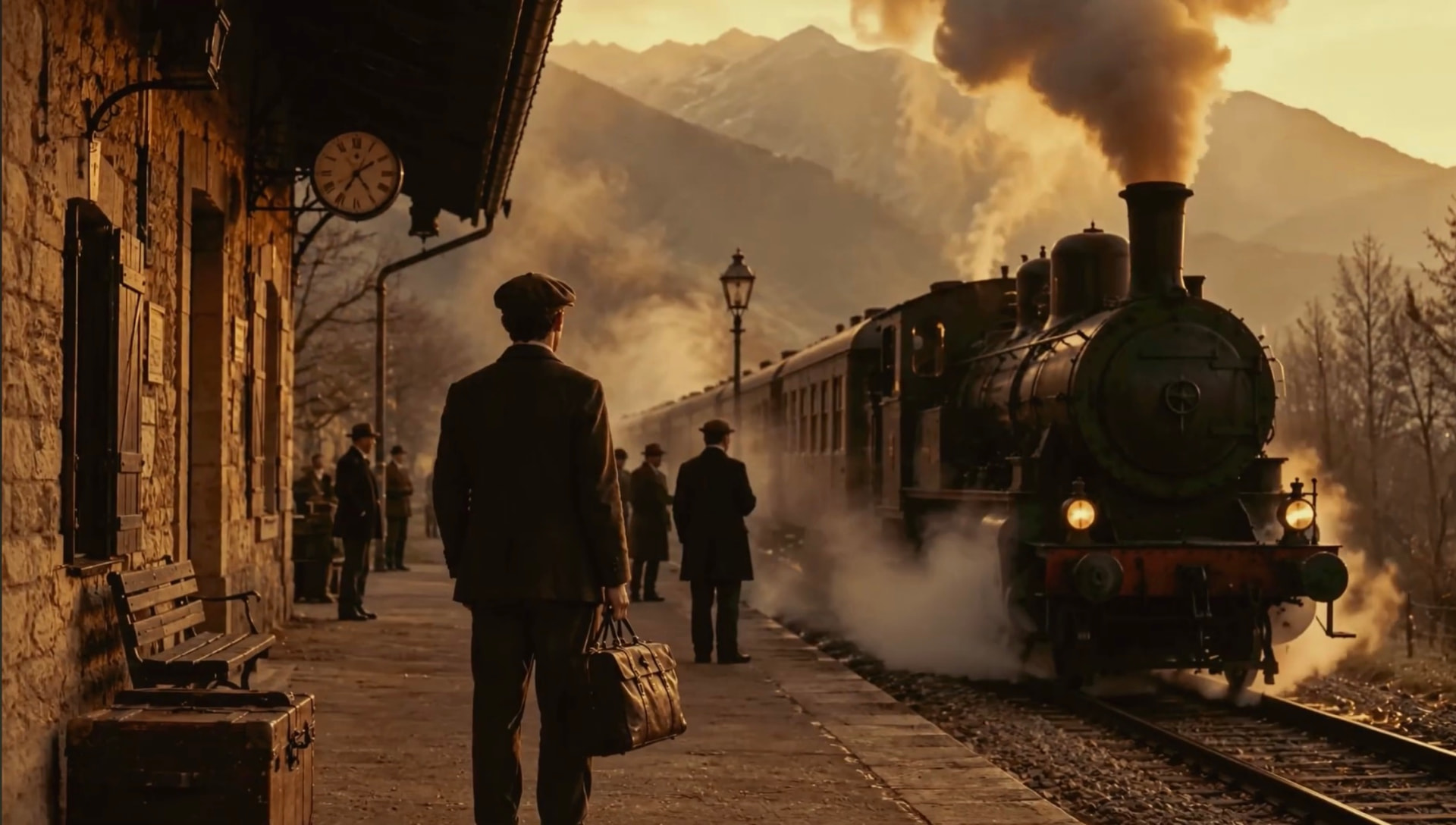 Un voyageur au chapeau attend sur le quai, valise à la main, à l'arrivée de la locomotive à vapeur.